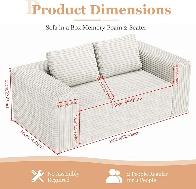 63 White Boneless Couches for Living Room Compressed Sofa Couch in a Box Corduroy Memory Foam Floor Couch for Adults Memory Foam Deep Seat No Assembly Required (White)