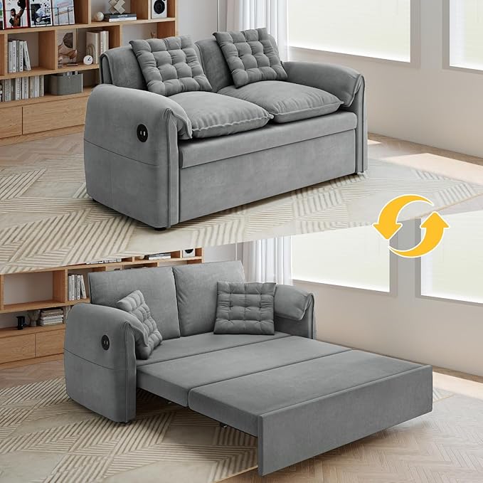 3-in-1 Convertible Sleeper Sofa Bed 62.9 W x 87 L Couch with Pull Out Bed with 6-Position BackrestHidden Storage &amp USB for Living RoomLight Grey
