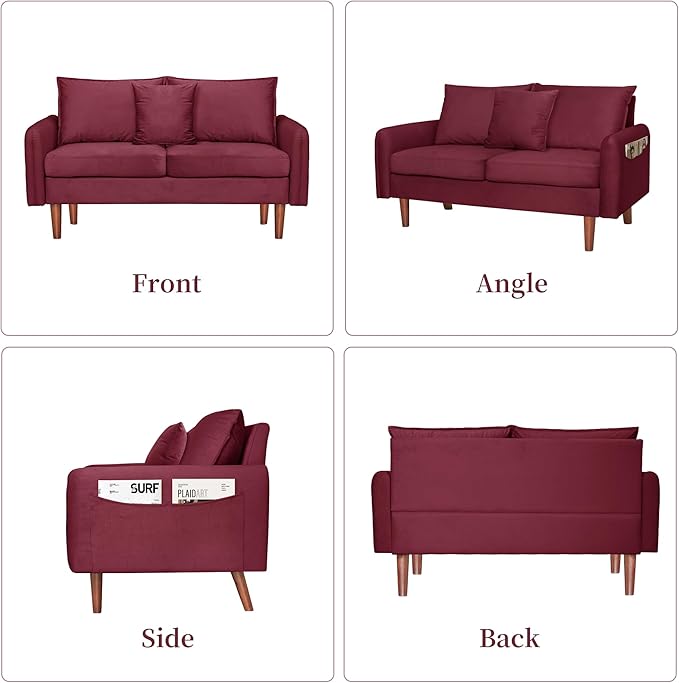 56.1 Round Arm Velvet Loveseat with Side Pockets and a Square Pillow (Burgundy) | Side Storage Pockets Pillow Included