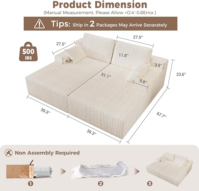 80” Oversized Double Lounge Chaise Cloud Plush Couch Bed Upholstered Boneless Cloud Sofa Deep Seat No Assembly Required Modern Corduroy Sleeper Loveseat Chair for Living Room Bedroom Reading
