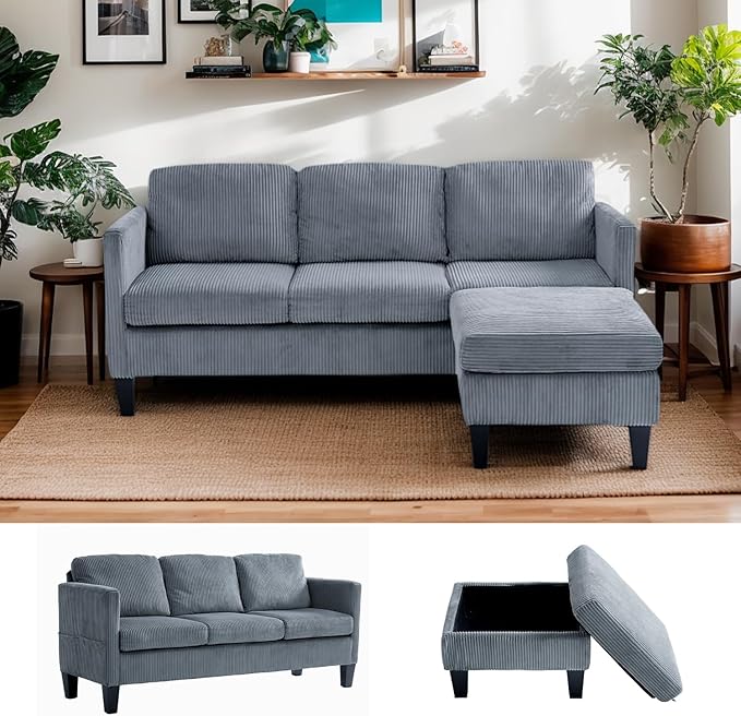 67'' L-Shaped Velvet Modular Sectional Couch Sofa with Ottoman 3-Seat Convertible Cloud Deep Seat Sofa Couches for Living Room Bedroom Apartment Cozy Chaise Lounge Sofas (Gray)