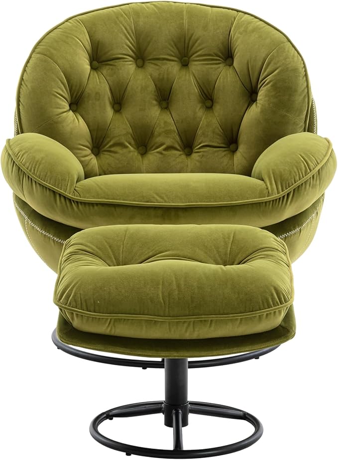 Modern Swivel Accent Chair with Ottoman Velvet Lounge Chair with Footrest and Metal Base Comfy 360 Degree Swiveling Armchair Single Sofa Chair for Living Room Bedroom Olive Green