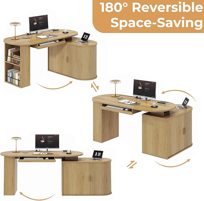 HSH Office L Shaped Computer Desk Large Reversible L Desks with Storage Cabinet and Keyboard Tray Home Office Corner Executive Desk with Power Outlet for Study Workstation Oak 60 Inch