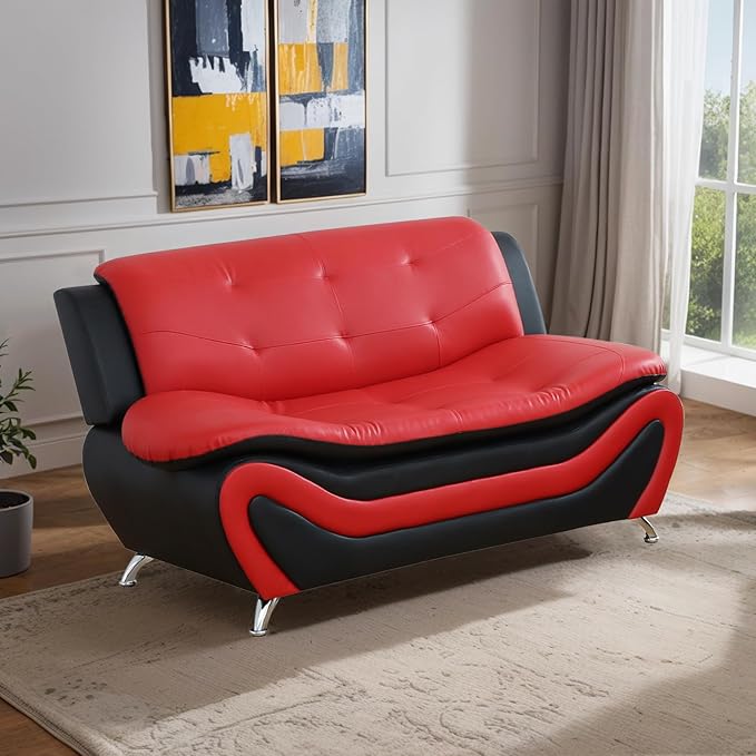 Living Room Furniture Set for Living Room Faux Leather Couch Sets Modern Couch for Apartment Home Office(LoveseatRed&ampBlack)