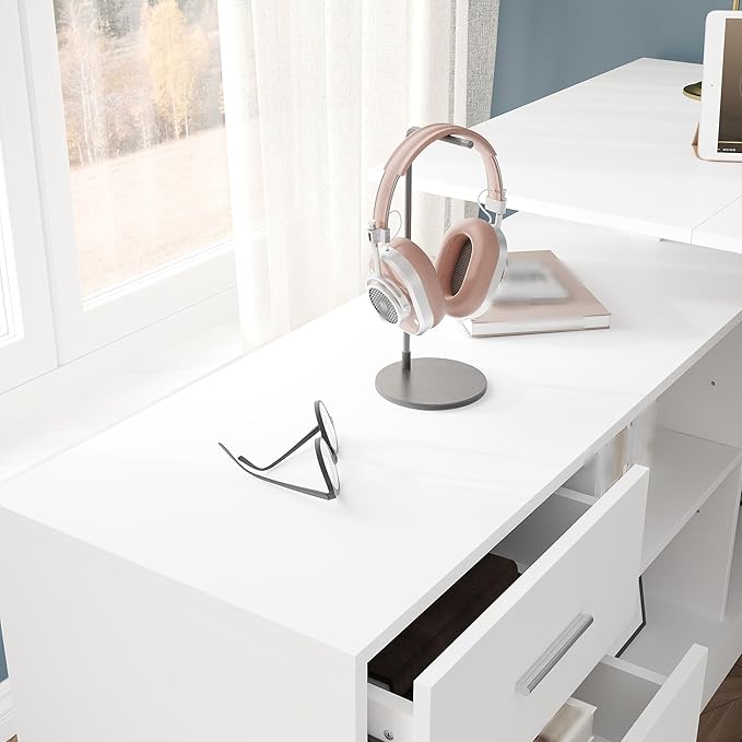 Lovinouse Large White Electric Adjustable Standing Desk Reversible L Shaped Office Work Desk with Storage Drawers Adjustable Height and Shelves Rising Study Computer Table for Home Office Bedroom