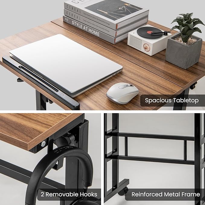Tangkula Mobile Standing Desk Height-Adjustable Laptop Podium Cart with Tilting Tabletop &amp Adjustable Angle Rolling Stand Up Computer Desk with 2 Hanging Hooks &amp Lockable Casters for Home Of