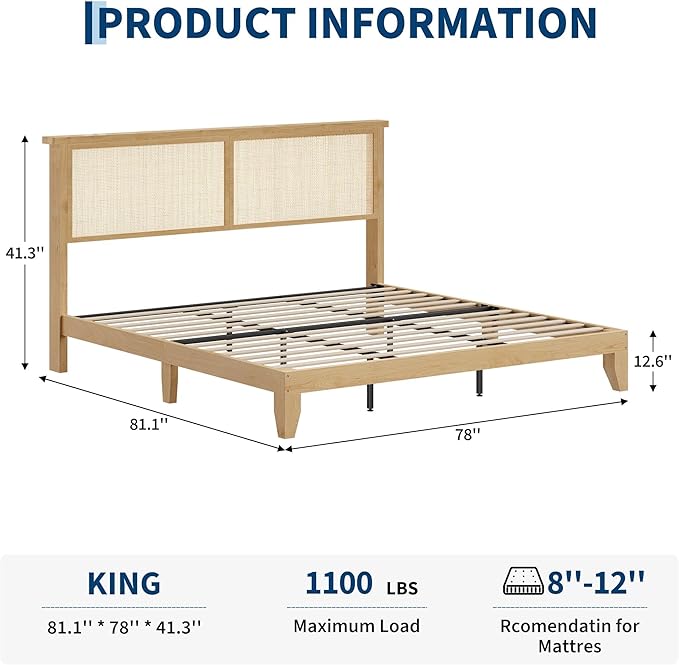 GAOMON King Size Rattan Bed Frame Rattan Bed Frame with LED Light &amp Natural Headboard Boho Storage Space Underneth Sturdy Wooden Slats Support No Box Spring Needed