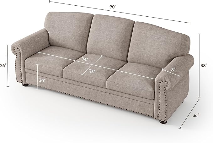 ONBRILL 90 Inch Rolled Arm Sofa for Living Room Deep Seat Nailhead Trim Couch Comfy 3 Seater Chenille Couch w/Wooden Leg Springs Seat Cushion Large Traditional Sofa for Farmhouse Beige