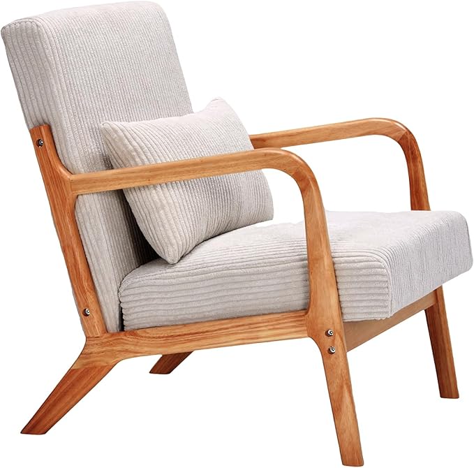 GDFStudio Aogex Accent Chair Corduroy Club Chair Upholstered Armchair Solid Wood Single Sofa Lounge with Armrest Comfort Seating with Lumbar Support for Reading Living Room Home Rest Beige+Teak