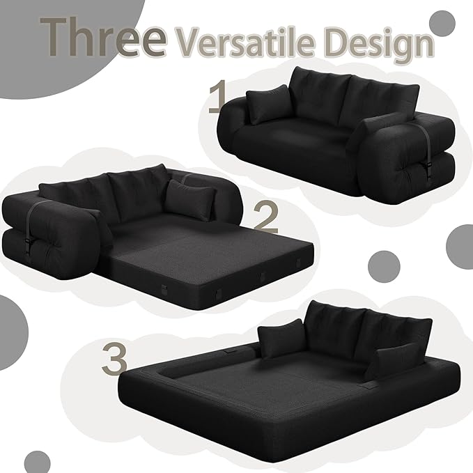 78.7 Convertible Sofa Bed 3-in-1 Folding Floor Couch with 4 Pillows Sleeper Sofa for Living Room and Guest Bed No Assembly Required (Black Teddy Fabric)