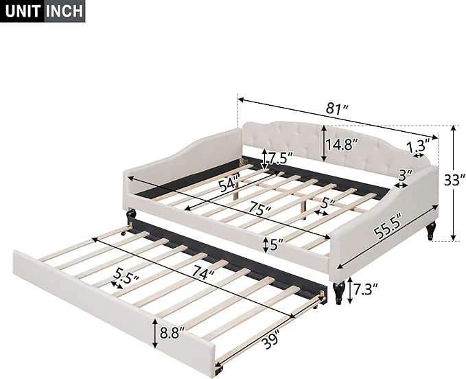 MERITLINE Upholstered Full Size Daybed Frame with Twin Size Trundle Modern Linen Button Tufted Daybed Wooden Full Sofa Daybed Frame for Living Room Bedroom No Box Spring Needed Beige