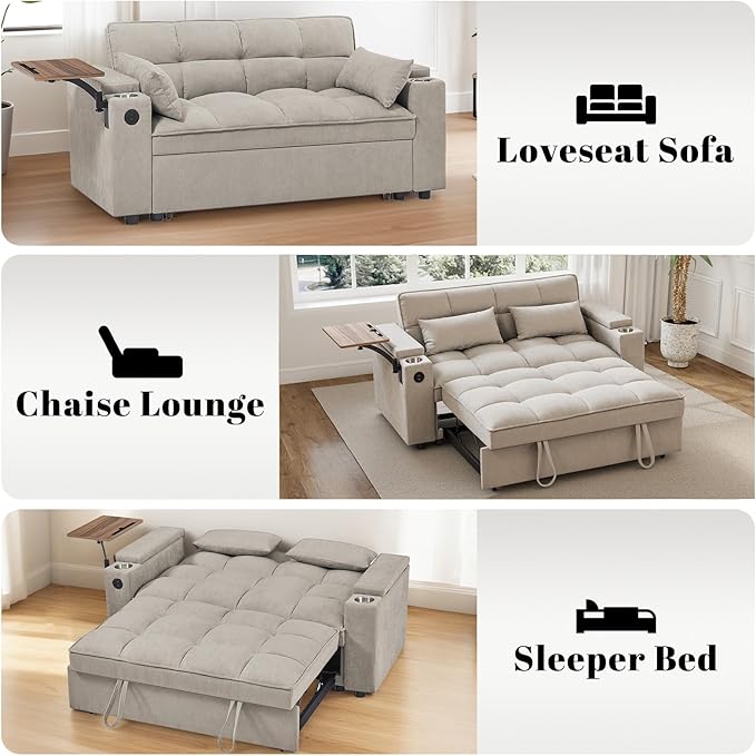 Rovibek 3 in 1 Sofa Bed 65 Inch Convertible Pull Out Couch with USB and Type-C Ports Loveseat Sleeper Bed with Small Table 3 Level Adjustable Backrest for Living Room Khaki