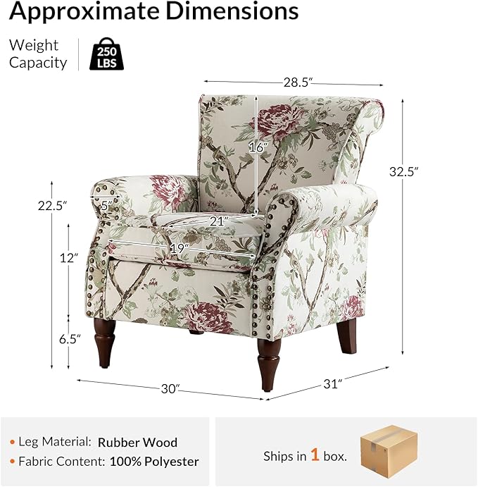Wingback Accent Chair with Wood Legs Modern Comfy Upholstered Armchair with Removable Cushion and Nailhead Trim Floral Pattern Single Sofa Reading Chair for Living Room Bedroom