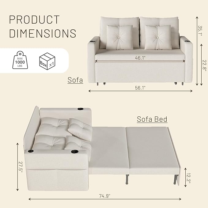 3 in 1 Pull Out Couch 56 Inch Convertible Sleeper Sofa Bed Loveseat with Cup Holders Storage Pockets USB Sofa Couches for Living Room Bedroom Apartment Beige