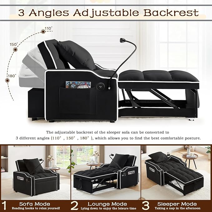 Convertible Sleeper Chair Pull Out Chair Sleeper with Bracket and Cup Holder Chairs Bed Sleepers for Adults 3 in 1 Sofa Bed Chairs for Small Spaces Living Room Black