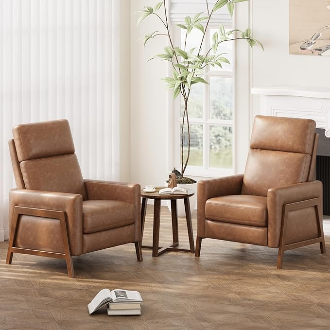 COLAMY Push Back Recliner Chair Set of 2 Upholstered Leather Recliner with Footrest 105-135 Degree Adjustable Comfy Modern Wingback Recliner for Living Room BedroomSmall Spaces Cocoa