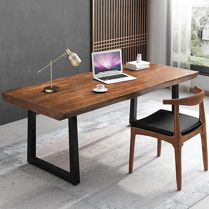 Modern Minimalist Solid Wood Office Desk with Metal Base Easy to Assemble Durable Writing Table Dining Table Computer Desk Multiple Ideal for Living Room and Dining Room (70.8inch)