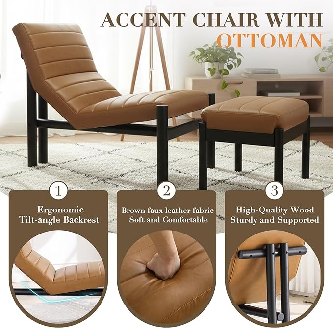 CIMOTA Upholstered PU Leather Accent Chair and Ottoman Set Modern Living Room Chair with Reclining Backrest and Footstool Small Reading Chairs for Living Room Bedroom Brown