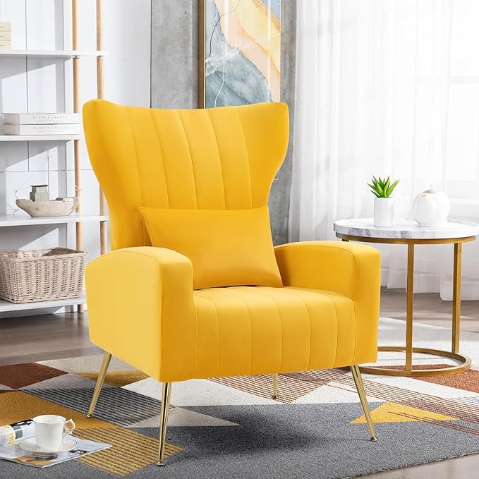 Modern Velvet Accent Chair with Arm &amp Wingback Living Room Bedroom Side Chair with Gold Metal Legs &amp Lumbar Pillow Channel Tufted Yellow