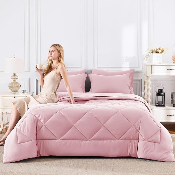 CozyLux King Size Comforter Sets Pink - 7 Pieces Bed in a Bag King Luxury Soft Bed Set for All Seasons Bedding Set with Down Alternative Comforter Sheets Pillowcases &amp Shams