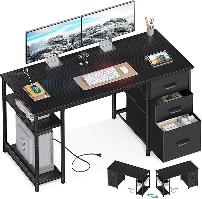 AODK 51 Inch Computer Desk with Fabric Drawers &amp USB Power Outlets Reversible Home Office Desk with Storage Shelves Work from Home Modern Work/Writing/Study Table for Bedroom Black