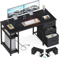 AODK 51 Inch Computer Desk with Fabric Drawers &amp USB Power Outlets Reversible Home Office Desk with Storage Shelves Work from Home Modern Work/Writing/Study Table for Bedroom Black