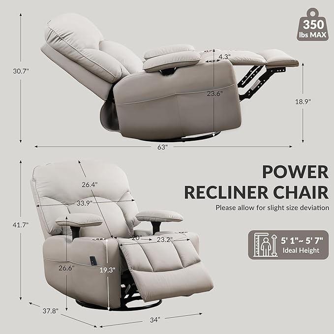 SUNWAVE Power Nursery Rocking Chair with Adjustable Armrests Nursing Chair with USB Cup Holders &amp Blanket Swivel Rocker Recliner with Corduroy and PU Leather Mixed Fabric (Gray)
