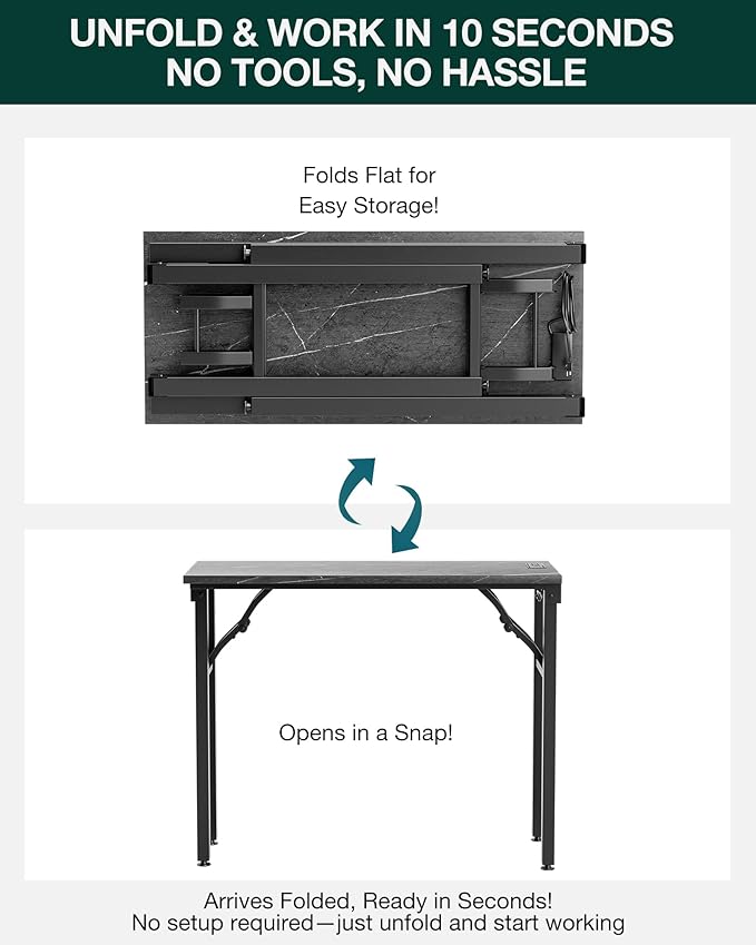 Frylr Small Folding Computer Desk – 35.8 Inch Portable Table for Craft and Study Lightweight Desk for Small Spaces Foldable Laptop Table Built-in AC/USB Outlets for Convenience Marble Greige