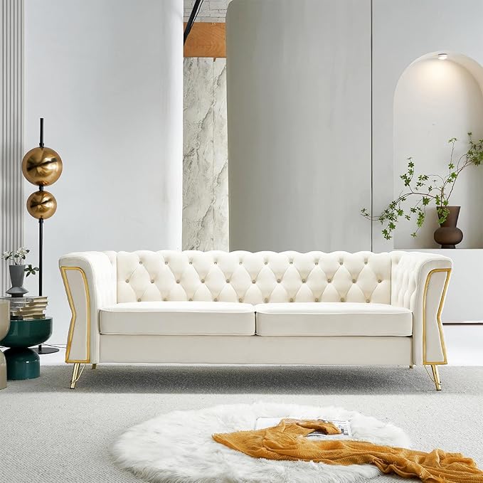 Modern Velvet Sofa Couch for Living Room 87.4 Inch Long Tufted Unique Upholstered Couch Oversized Sofa Decor Furniture with Golden Metal Legs (Beige)