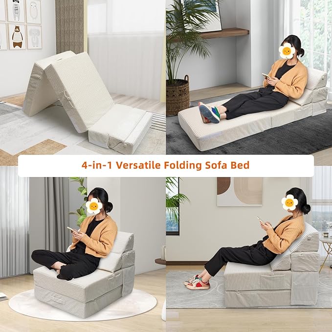 Cozy Folding Sofa Bed Convertible Sleeper Chair Couch Foldable Floor Mattress Comfy Portable Floor Sofa Lounge for Living Room Bedroom(77x26Beige White30D Density Foam) | Breathable Material