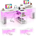 Tangkula 2-Person Reversible Computer Desk with LED Lights 94.5” Long Office Desk with Power Outlets Monitor Stand Keyboard Tray &amp 2 Storage Shelves Double Desk for Gaming Working Writing (Whi