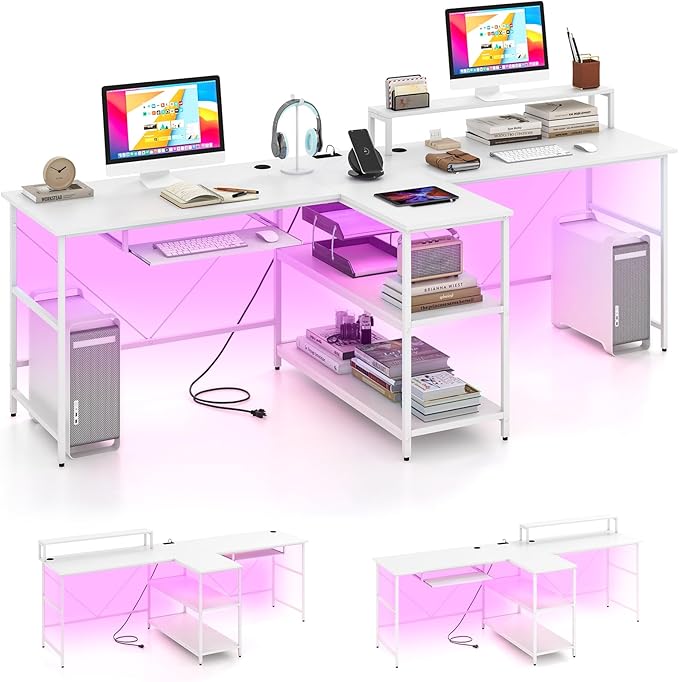 Tangkula 2-Person Reversible Computer Desk with LED Lights 94.5” Long Office Desk with Power Outlets Monitor Stand Keyboard Tray &amp 2 Storage Shelves Double Desk for Gaming Working Writing (Whi