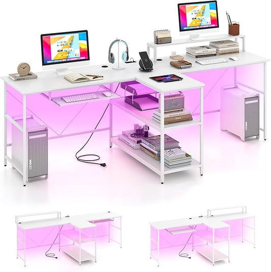 Tangkula 2-Person Reversible Computer Desk with LED Lights 94.5” Long Office Desk with Power Outlets Monitor Stand Keyboard Tray &amp 2 Storage Shelves Double Desk for Gaming Working Writing (Whi