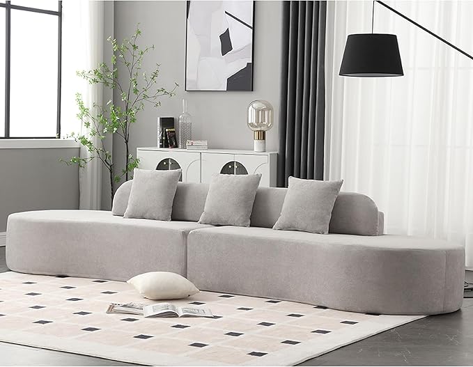 130'' Curved Modular Sectional Long Sofa Modern Cloud Boneless Deep Seat Couch Plush Terry Cloth Compressed Upholstered Lounge Sofa for Living Room No Assembly Required Light Grey 3 Pillows