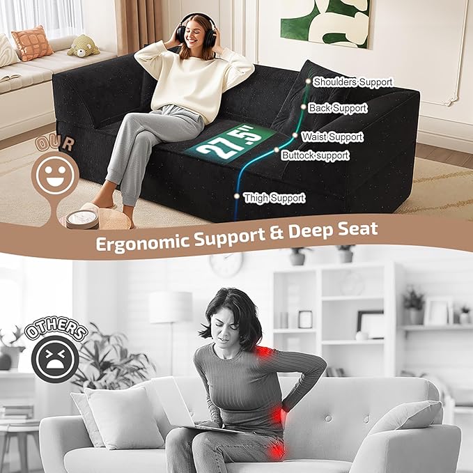 3-in-1 Convertible Sofa Bed 3-seater Boneless Futon Couch with Adjustable Backrest and Armrests Chenille Chaise Lounge Sofa with Pillows Floor Sleeper Loveseat for Living Room Reading Room Black