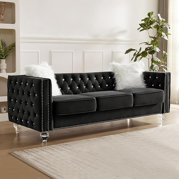 83 Chesterfield Sofa Velvet Mid-Century Modern Upholstered Couch with 2 Throw Pillows and Acrylic Legs Nailhead Button Tufted Vintage Sofa for Living Room Apartment Office Black