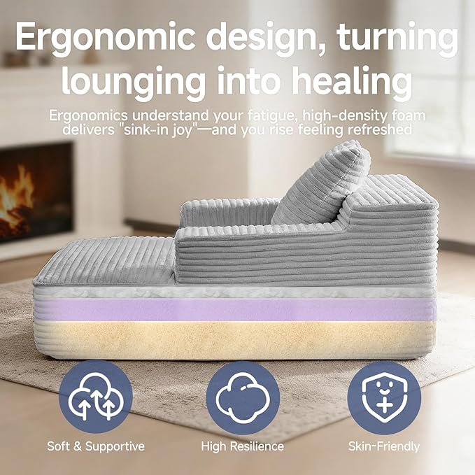 45'' Chaise Lounge Chair Indoor Corduroy Upholstered Boneless Sofa Bed Deep Seat Sleeper Couch Reading Chairs Small Comfy Cloud Sofas Couches for Living Room Bedroom Movie Room (LightGray)