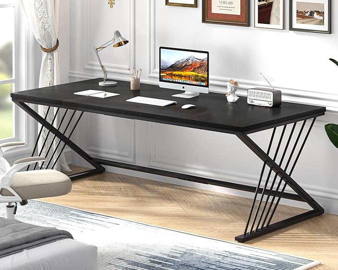 FOLUBAN 70.9 Black Computer Desk Modern Home Office Desk Large Gaming Workstation Executive Desk with Z-Shaped Legs 2 Person Large Study Writing Table for Bedroom