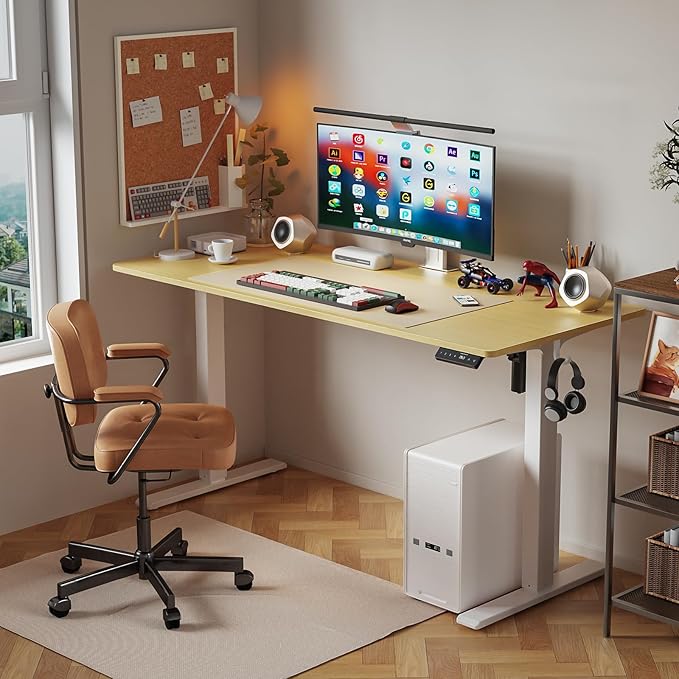 55x24 Inches Height Adjustable Electric Standing Desk with 2 Hooks for Home Office Ergonomic Sit Stand up Desk with Splice Board Oak