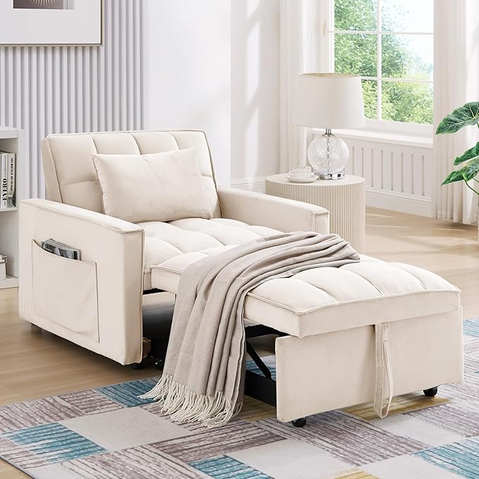 Antetek Sleeper Sofa Chair Bed Convertible Velvet Single Pull Out Sofa Chair Modern Tufted Living Room Reading Chair with Adjustable Backrest/Pillow for Small Spaces Apartment Office Beige