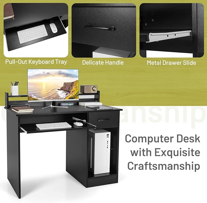 Tangkula Computer Desk with Drawer &amp Keyboard Tray 22 Inch Wide Modern Study Writing Desk with Desktop Hutch &amp Storage Shelves Home Office Desk for Kids Wood PC Laptop Desk Desk for Bedroo