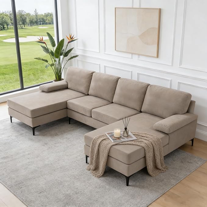106 U-Shape Sectional Couches with Double Chaise Upholstered Sofa with Polyester Blend Fabric Modern 4 Seat Modular Sofa with Sturdy Metal Legs for Living Room Apartment Khaki