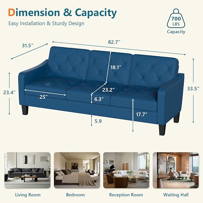 STHOUYN 83” Blue Sofas &amp Couches Small 3-Seater Sofa for Living Room Apartment Size Couch Comfy Mini Couch Living Space Couch Tufted Design Office or Waiting Area (Blue) | Tufted Design Blue