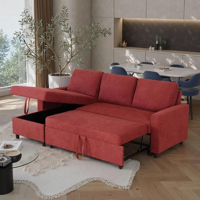 Convertible Sofa Bed Couch 2 Seat Solid Wood Sectional Couches for Living Room with Storage Sleeper Sofa Couch with Pullout Bed for Apartment Red