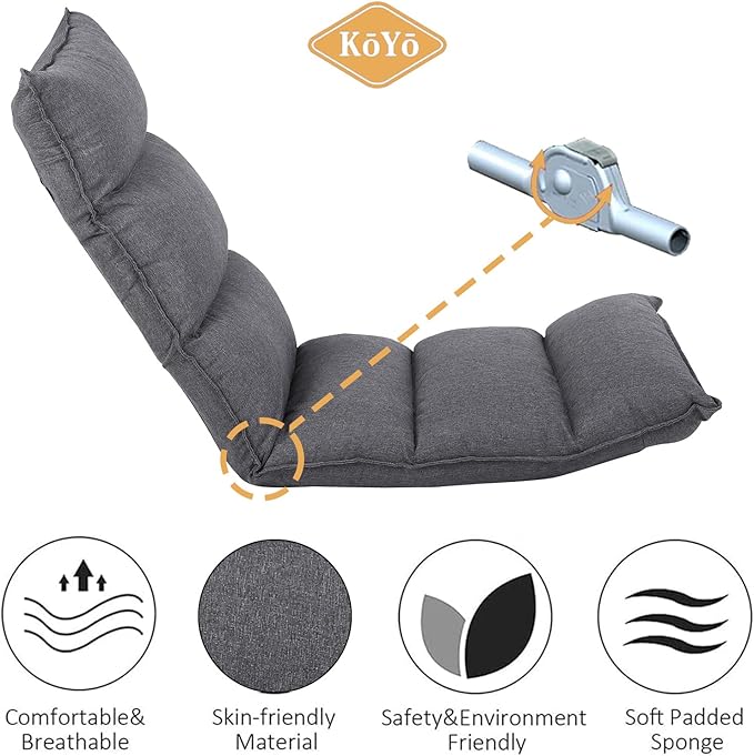 Fabric Folding Floor Chair with Headrest - 6-Position Head &amp Foot Recliner 14-Position Lumbar Support - Ergonomic Design for Reading Gaming and Relaxation 014GR