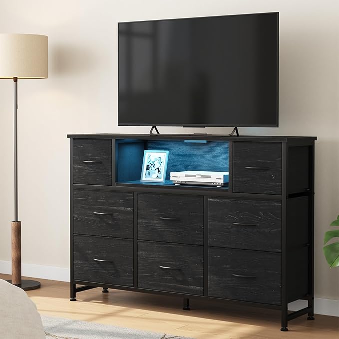 DUMOS TV Stand Dresser with 8 Fabric Drawers and Open Shelves LED Entertainment Center with Charging Station Wood Top Media Console for 45-55 inch Bedroom Woodgrain Black