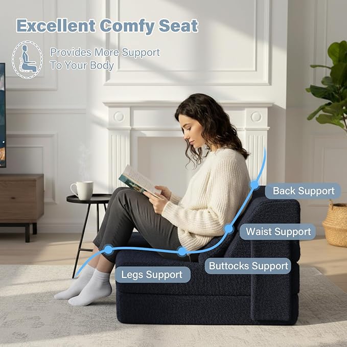 Tiita Convertible Folding Sofa Bed Single Size for Adults with Pillow Plush Fabric Floor Mattress Couch Bed Washable Cover &amp Side Pocket Guest Room Dorm Apartment Living Room Navy