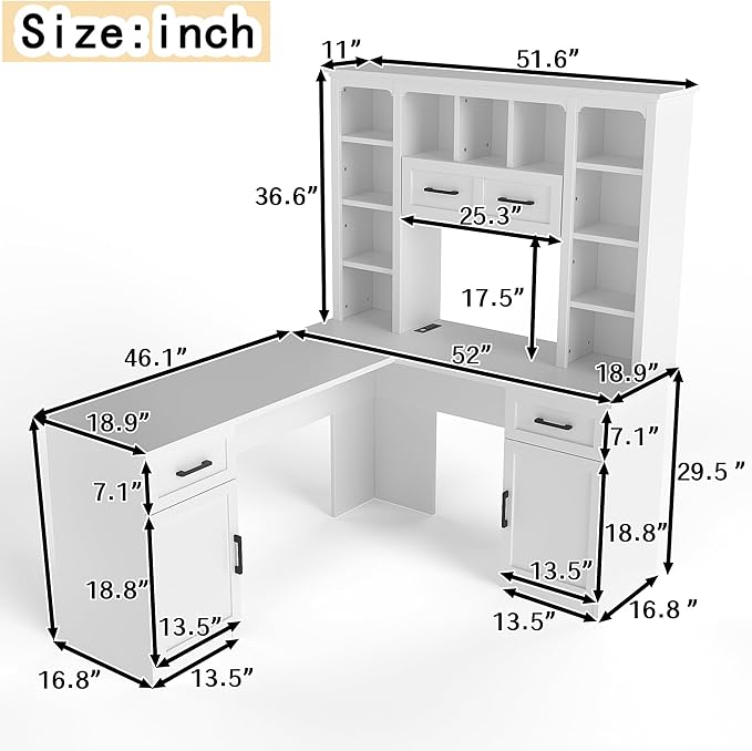 Polibi L-Shaped Computer Desk with Storage - 2-in-1 Design with 2 Drawers and 2 Cabinets 11 Open Shelves &amp Power Outlet for Home Office Study Room White