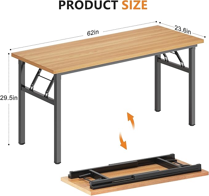 sogesfurniture 62 inches Foldable Computer Desk No Assembly Sturdy Large Laptop Workstation for Home Office Modern Portable Folding Study Table Writing Gaming Desk for Small Spaces Teak Black
