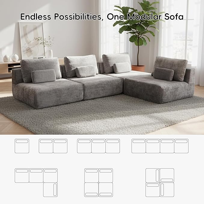 Modular Sectional Sofa 2-Piece Grey Plush Velvet Loveseat Couch No-Assembly Compressed Deep-Seat 2-Seat for Small Spaces Living Rooms Apartments